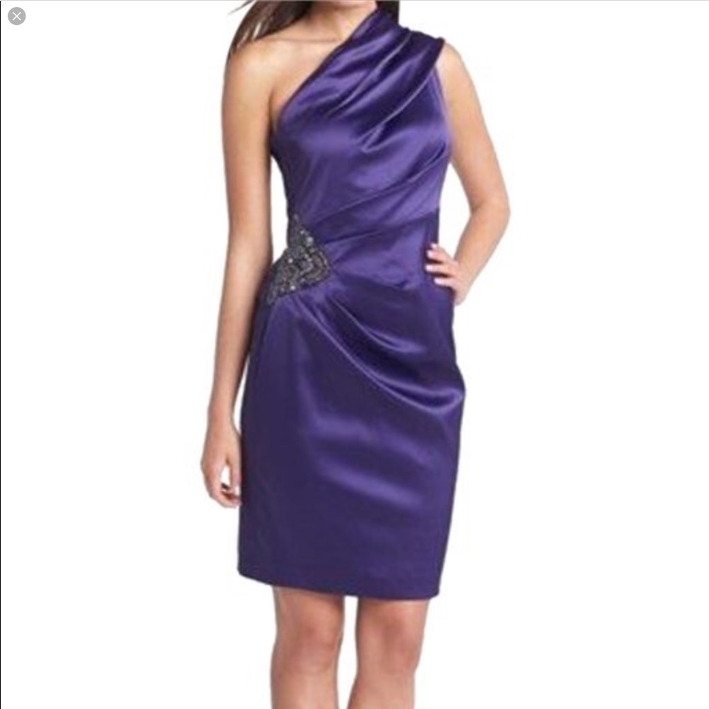Eliza J dark blue and purple satin one shoulder dress. Size 10, great condition